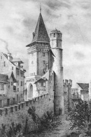 Das Spalentor vor dem Abbruch der äusseren Stadtmauer. Bleistiftzeichnung von 1840. Archiv Kantonale Denkmalpflege Basel-Stadt