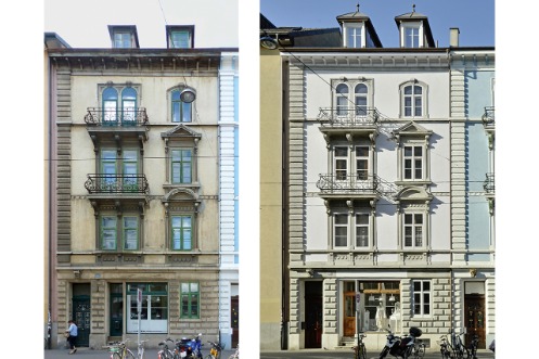 Das 1903 errichtete Wohnhaus mit Geschäftslokal an der Güterstrasse 122. Fassade vor der Restaurierung. Foto Reto Bieli, Kantonale Denkmalpflege Basel-Stadt
