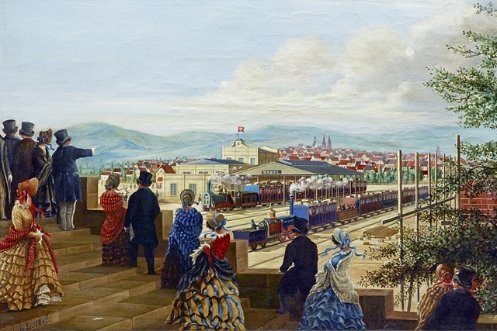 Der erste französische Bahnhof in Basel, 1844/45. Gemälde, 1847.